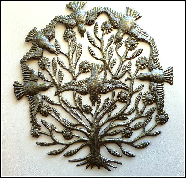 Metal Art Tree and Bird Wall Hanging, Garden Art, Metal Wall Art, Haitian Steel Oil Drum Art - 34" x