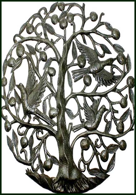 Handcrafted Birds in Tree Metal Wall Hanging, Outdoor Metal Art,  Haitian Oil Drum Art - 24" x 34"