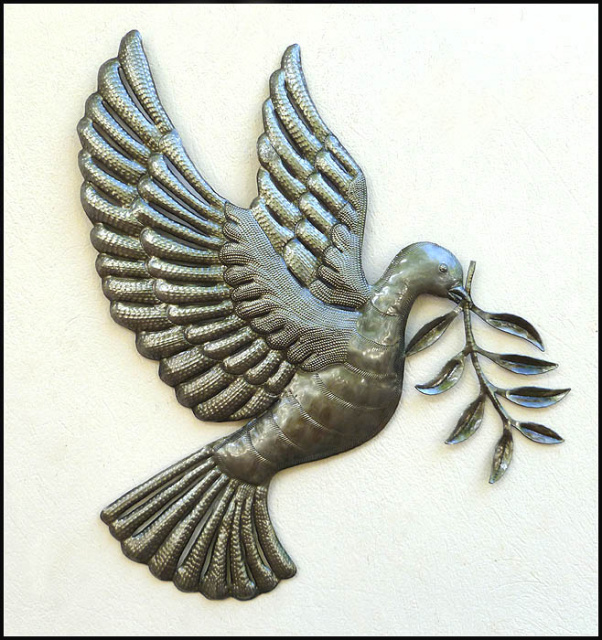 Dove with Olive Branch Wall Decor - Haitian Steel Drum Art - 17" x 18".