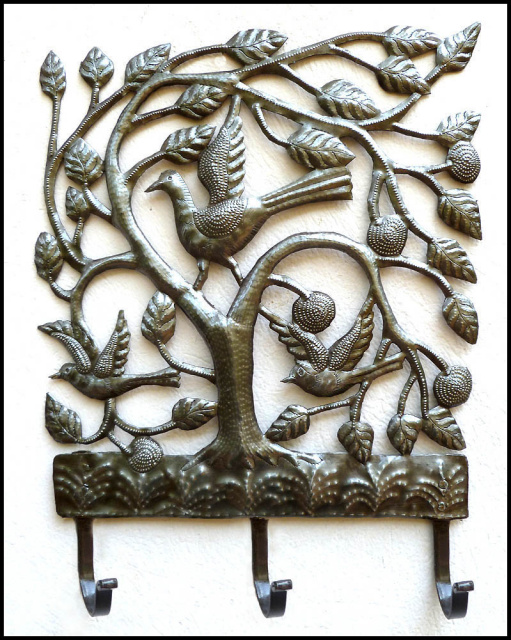 Decorative Bird and Flower Metal Wall Hook. Handcut, Recycled Steel Drum  Haitian Art