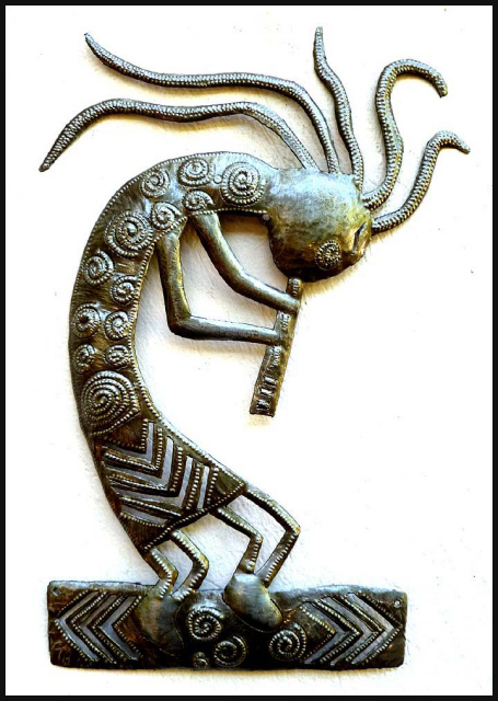 Metal Kokopelli Wall Hanging, Southwestern Design, Haitian Metal Art, Recycled Steel Drum, 34"