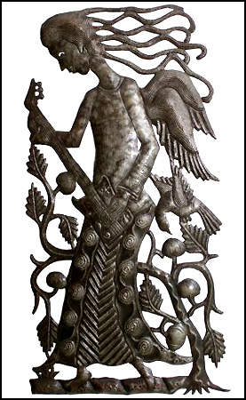 Handcrafted Angel with Guitar - Haitian Steel Drum Art - Metal Art. 30"