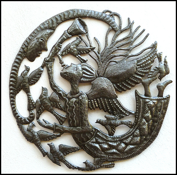 Haitian Metal Art Design - Angel, Moon & Birds Wall Sculpture - Handcrafted 24"