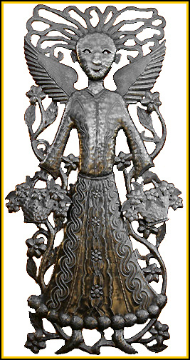 Metal Angel Wall Hanging, Angel with Baskets of Flowers, Haitian Recycled Metal Oil Drum Art - 17" x