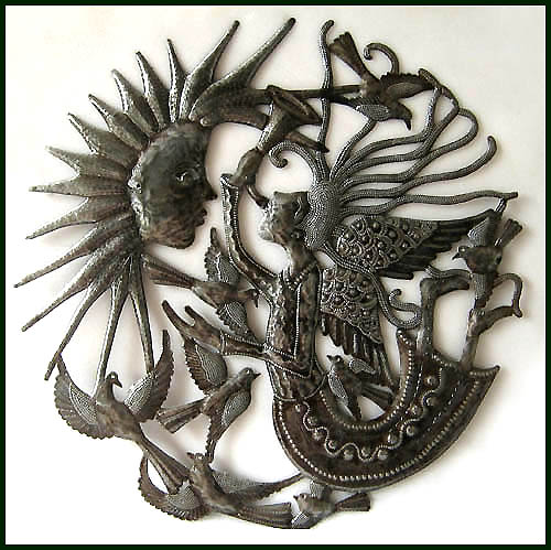 Metal Angel, Steel Drum Art Wall Decor of Haiti -  Angel, Sun & Birds - Metal Art - 24"