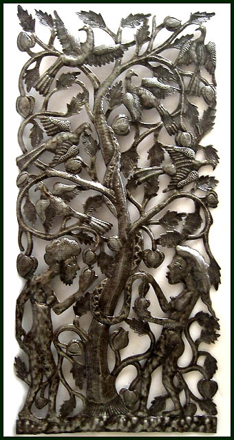 Adam & Eve in the Garden of Eden - Haitian Steel Oil Drum Metal Art -17"x 34"