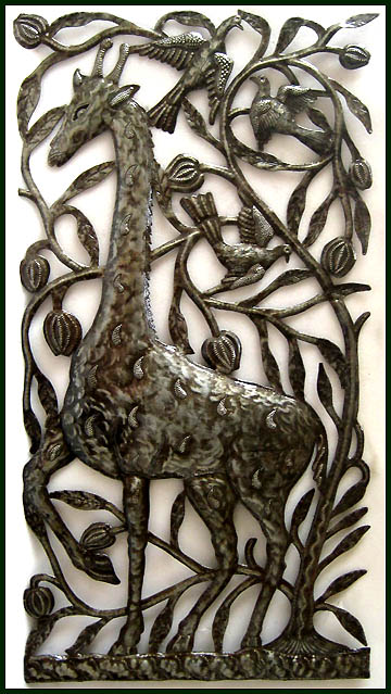 Haitian Steel Drum Wall Hanging - Giraffe in Garden of Eden Metal Art - 17"x 34"