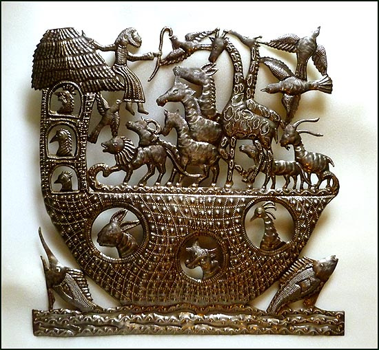 Noah's Ark Scene - Recycled Steel Drum Metal Art of Haiti - 24" x 24"