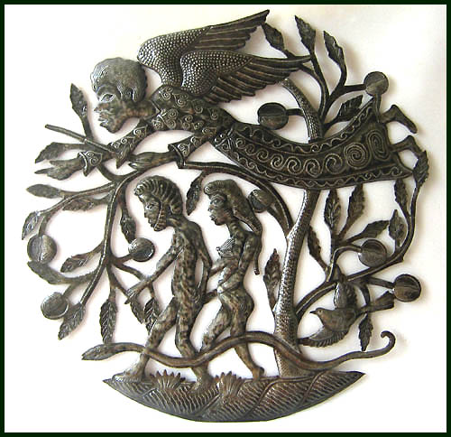 Adam & Eve are being carefully watched over. Haitian steel drum metal art wall hanging. 