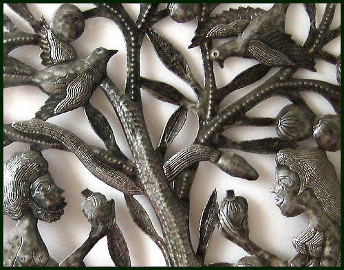 Close-up of Haitian metal art wall hanging