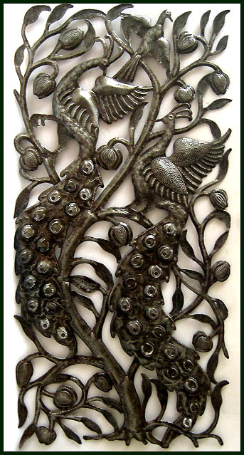 Metal Peacock Garden Decor, Metal Wall Decor, Haitian Recycled Steel Drum Metal Art - 34"