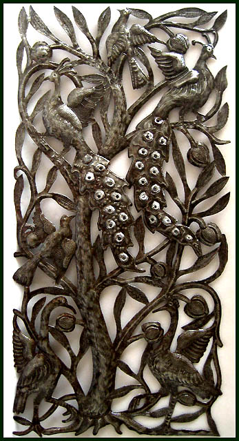 Peacocks Wall Metal Art, Haitian Metal Art, Metal Walll Hanging, Steel Drum Metal Art - 17" x 34"