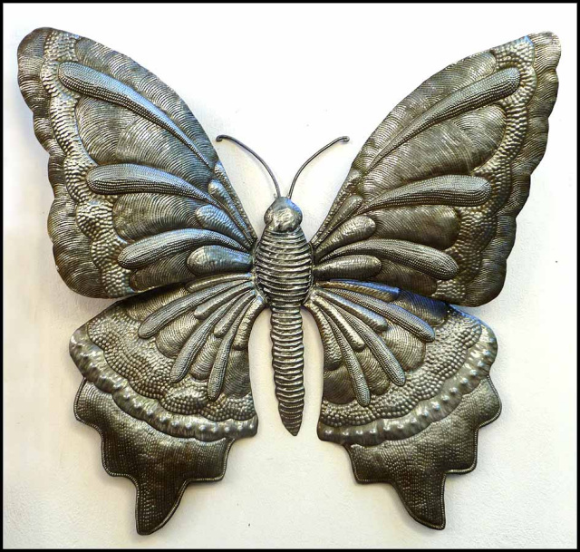 Metal Butterfly Art - Metal Wall Decor - Haitian Metal Drum Art - Garden Art - 21" x 24"