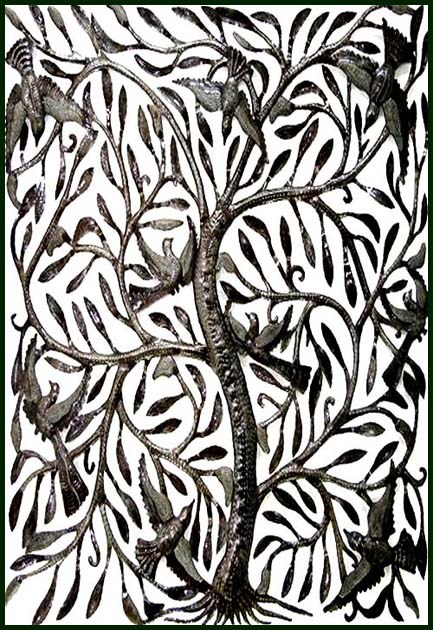 Metal Art - Birds in a Tree Metal Wall Hanging - Haitian Steel Drum Art - 24" x 34"