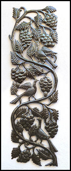 Metal Birds Wall Decor, Grapes Metal Wall Art, Haitian Steel Drum Metal Art - 12" x 34"