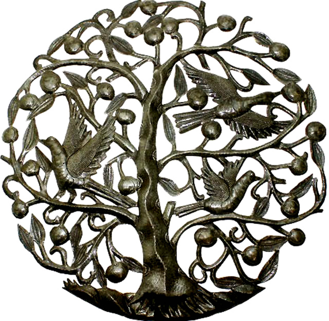 Birds in Fruit Tree Metal Wall Hanging -  Handcrafted Haitian Art - 30" x 30"