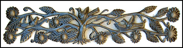 Birds and Flowers - Haitian Steel Drum Metal Art Wall Hanging - 8" x 34"