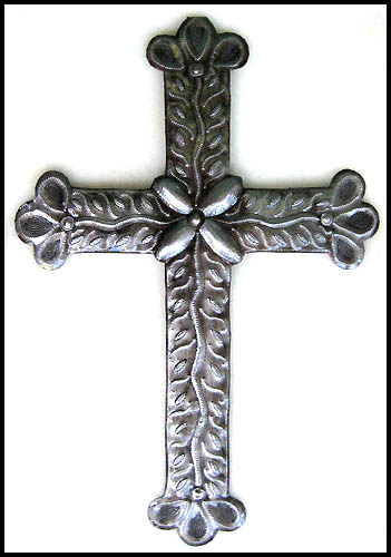 Haitian Metal Cross Wall Hanging, Christian Metal Wall Art, Recycled Steel Drum Art - 12" x 8"