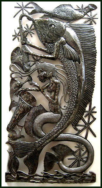 Metal Fish - Mermaid Metal Wall Hanging -  Recycled Steel Drum Art of Haiti - 17"x 34"