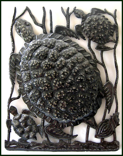 Metal Art Turtle Scene - Haitian Metal Drum Art Wall Decor - 17" x 24"