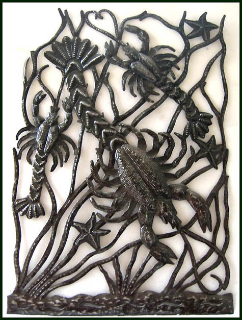 Lobsters Metal Art - Steel Drum Art - Haitian Metal Wall Decor - 24" x 17"