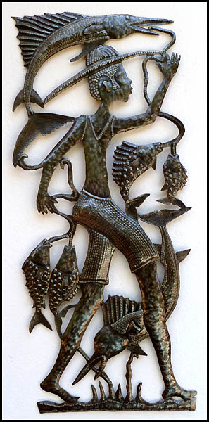 Haitian Fisherman - Recycled Steel Drum Metal Art Wall Hanging - 16" x 34"