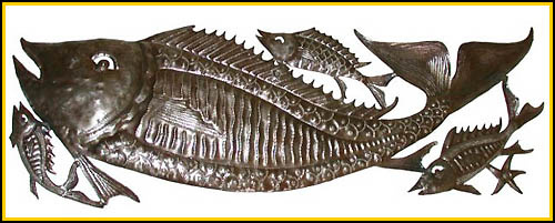Haitian Fish Design - Steel Drum Metal Art Wall Hanging - 12" x 34"