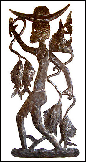 Haitian Fisherman, Fish Wall Art, Steel Drum Art, Haitian Metal Wall Hanging - 16" x 34"