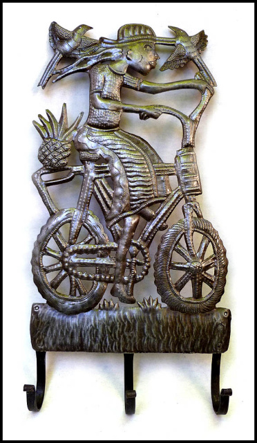 Metal Wall Hook - Haitian Peasant on Bicycle - Steel Drum Art, Towel Hook  