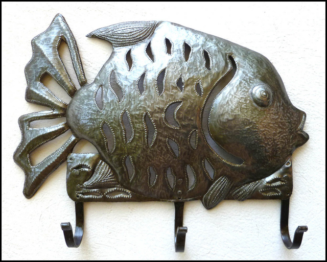 Metal Fish Design Wall Hook, Haitian Metal Art, Bathroom Towel Hook, Metal Hanger - 13" x 16"