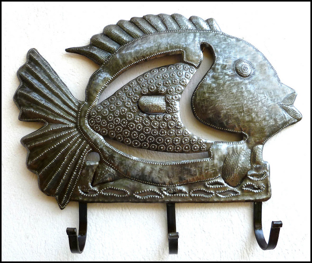 Metal Fish Wall Hook - Bathroom Wall Decor - Haitian Metal Art, Towel Hook - 15" x 13"