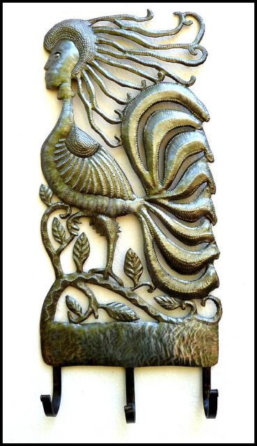  Rooster Metal Wall Hook - Kitchen Towel Hook - Steel Drum Art of Haiti - 9" x 21"