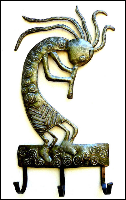 Kokopelli Metal Towel Hook - Wall Hook - Metal Wall Decor -  Steel Drum Haitian Art - 10" x 19"