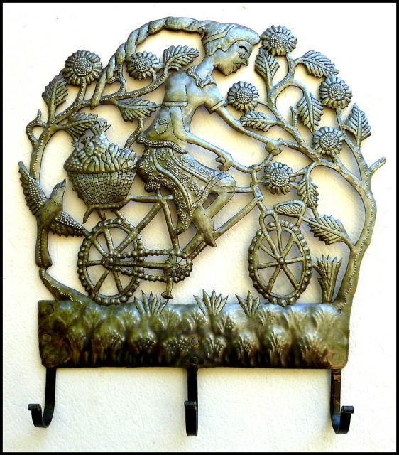 Metal Wall Hook - Woman on Bicycle Towel Hook - Haitian Steel Drum Art - 16" x 18"