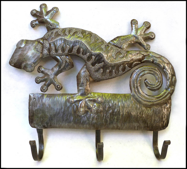 Metal wall hook. Haitian recycled steel drum art - gecko