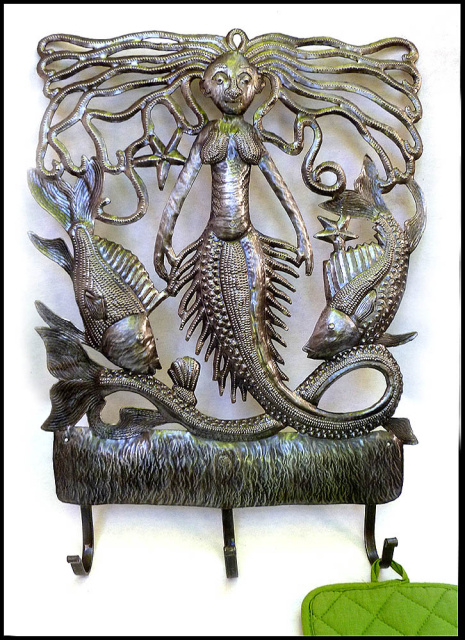 Metal wall hook. Haitian recycled steel drum art - Mermaid and fish