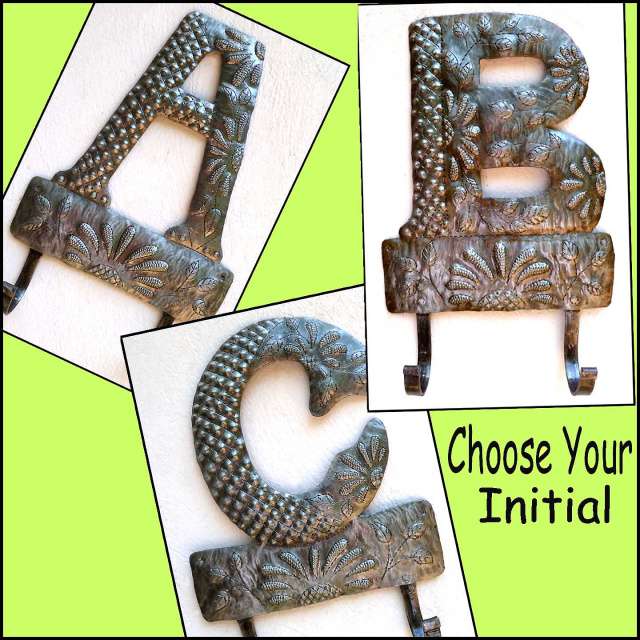 Metal Monogram Towel Hook. Initial Metal Wall Hook - Haitian Recycled Steel Drum