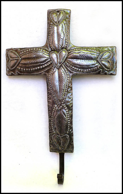 Metal Cross Wall Hook with Heart Design - Haitian Metal Art - Towel Hook