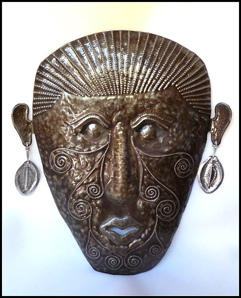  Haitian Steel Drum Art - Metal Wall Art, Ethnic Mask Metal Wall Hanging - 22" x 25"