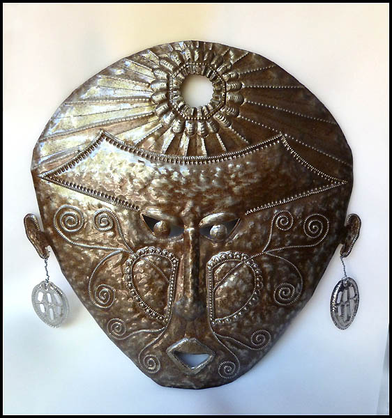 Haitian Mask Metal Wall Hanging, Tribal Design, Metal Wall Art, Haitian Steel Drums - 24"