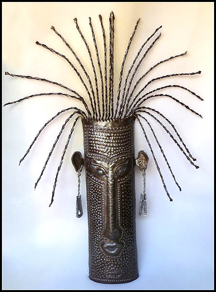 Ethnic Tribal Mask, Metal Wall Art - Haiti Metal Art, Recycled Steel Drums from Haiti - 25" x 35"