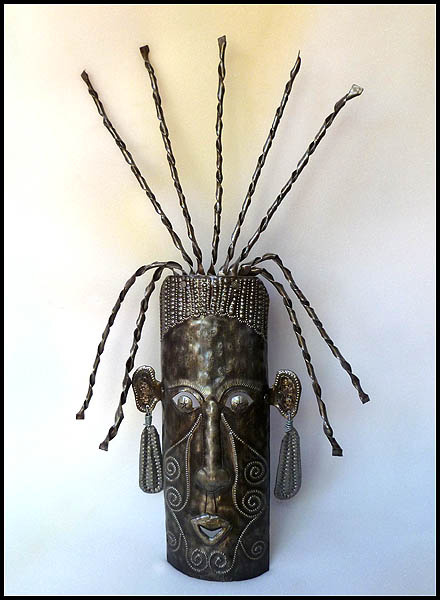 Ethnic Mask, Metal Wall Hanging, Haiti Metal Art, Metal Wall Art, Haitian Steel Drum Art -  9" x 24"