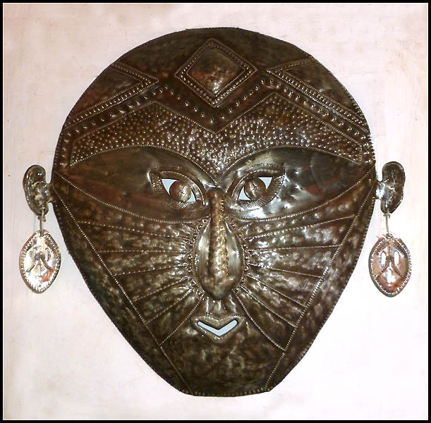 Tribal Mask, Metal Wall Hanging, Metal Wall Art, Recycled Steel Drums in Haiti - 24" x 25"