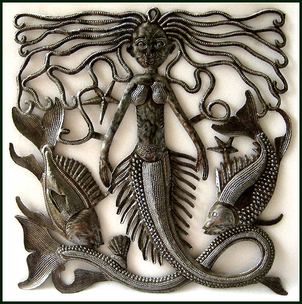 Mermaid metal wall hanging - Recycled steel drum art of Haiti