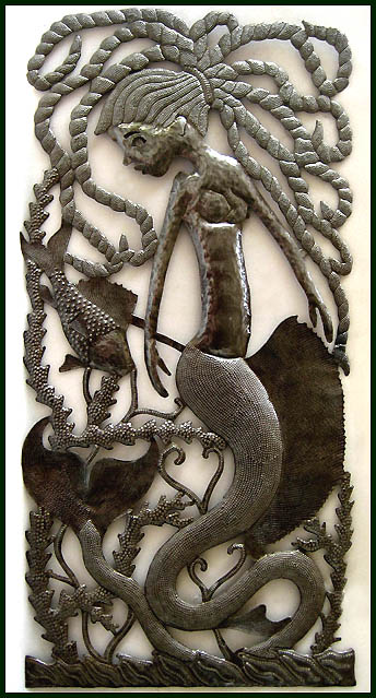 Mermaid Metal Wall Art -Outdoor Metal Art - Haitian Recycled Steel Drum Wall Hanging - 17"x 34"