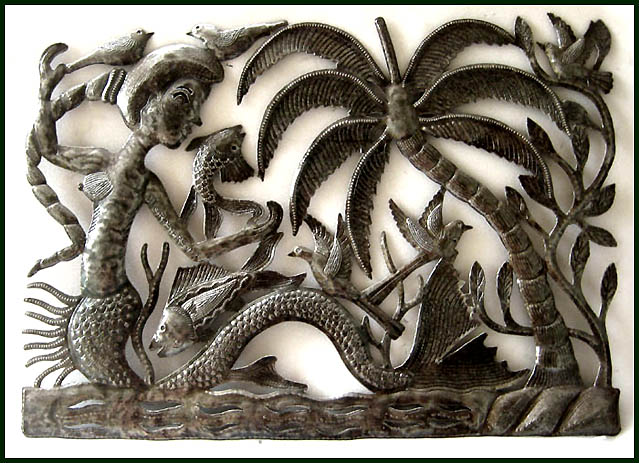 Mermaid Metal Art Wall Hanging, Outdoor Wall Art,  Haitian Steel Drum Wall Decor, Haiti Metal Art, 1