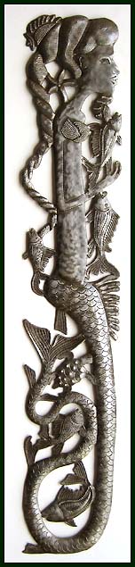 Mermaid Metal Art Wall Hanging - Metal Wall Decor - Haitian Steel Oil Drum Metal Art - 5" x 24"