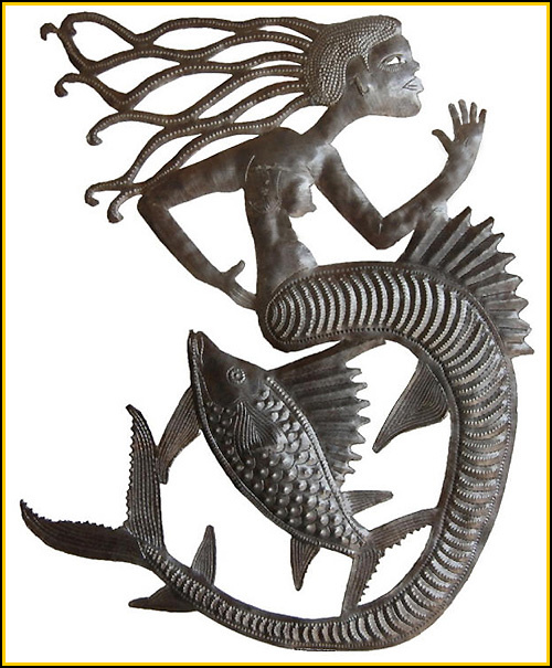 Nautical Decor, Garden Art, Fish & Mermaid Wall Hanging, Haitian Steel Drum Metal Art - 27" x 34"