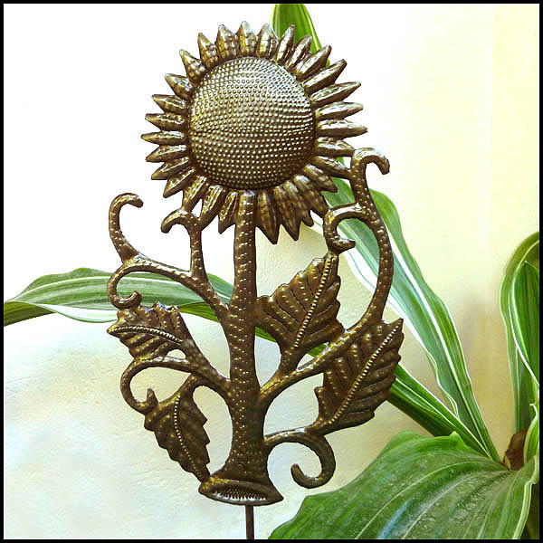 Garden Plant Stick - Sunflower Plant Stick - Metal Plant Stick - Haitian Steel Drum Art - 7" x 12"