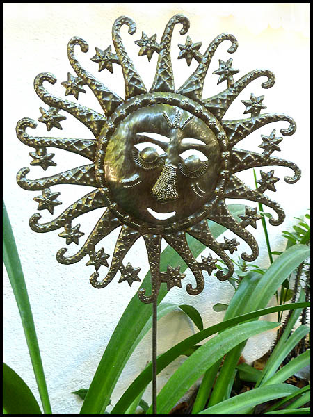 Metal Sun Garden Plant Stake - Garden Art - Haitian Steel Oil Drum - 12"